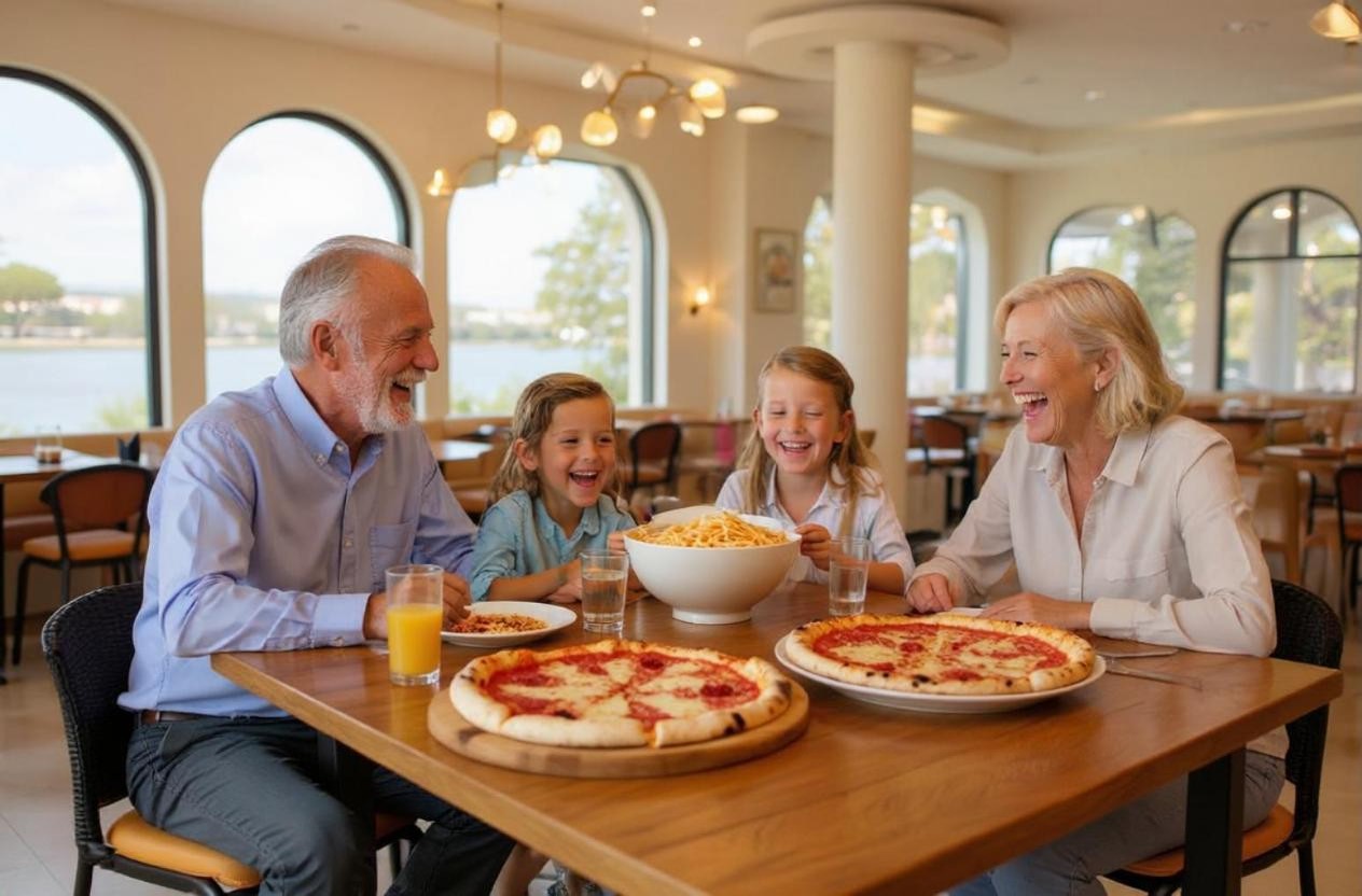 Family sharing pizzas in a lake-view dining room (illustration)