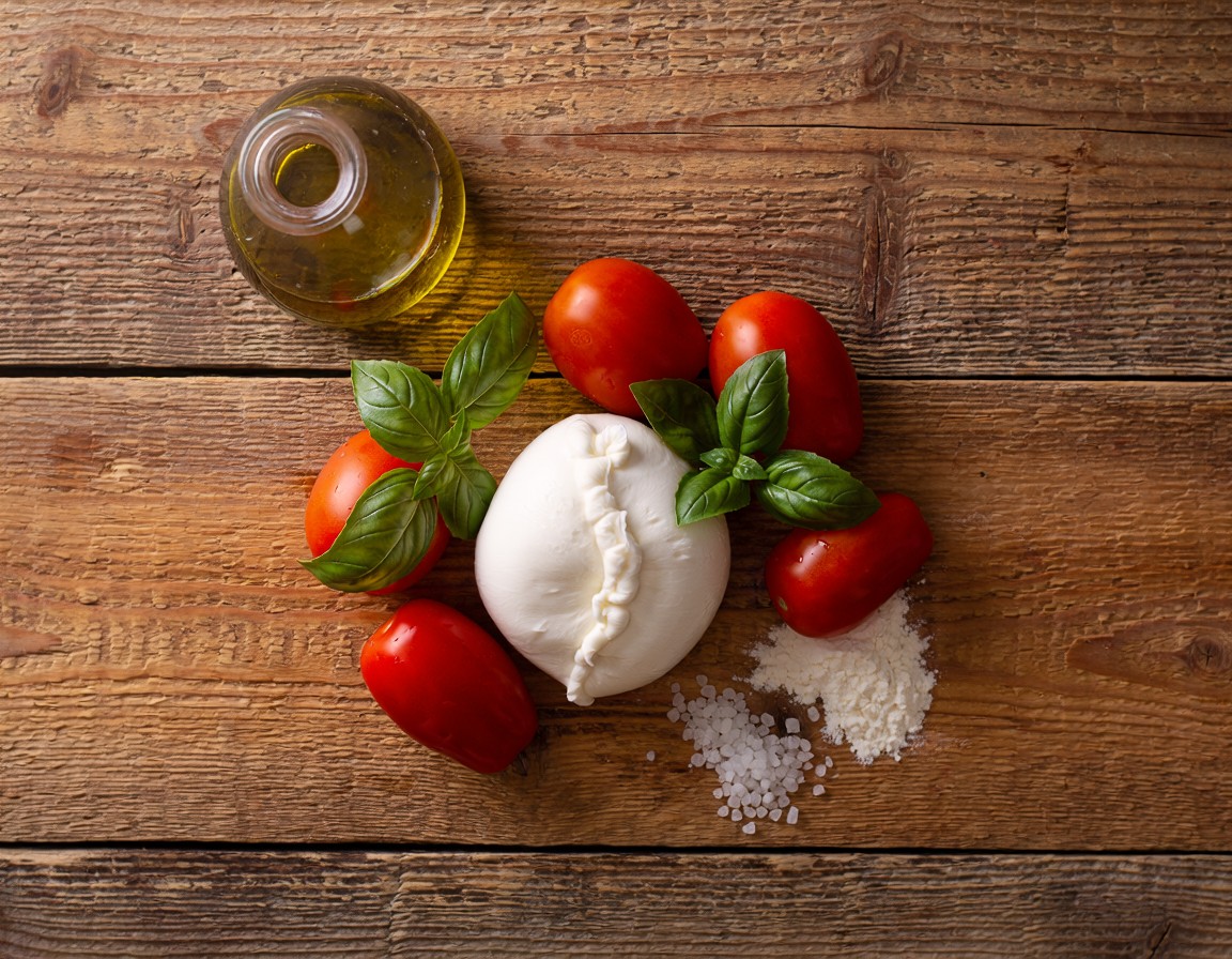 Authentic Italian ingredients for Neapolitan pizza: tomatoes, mozzarella, basil and flour (illustration)