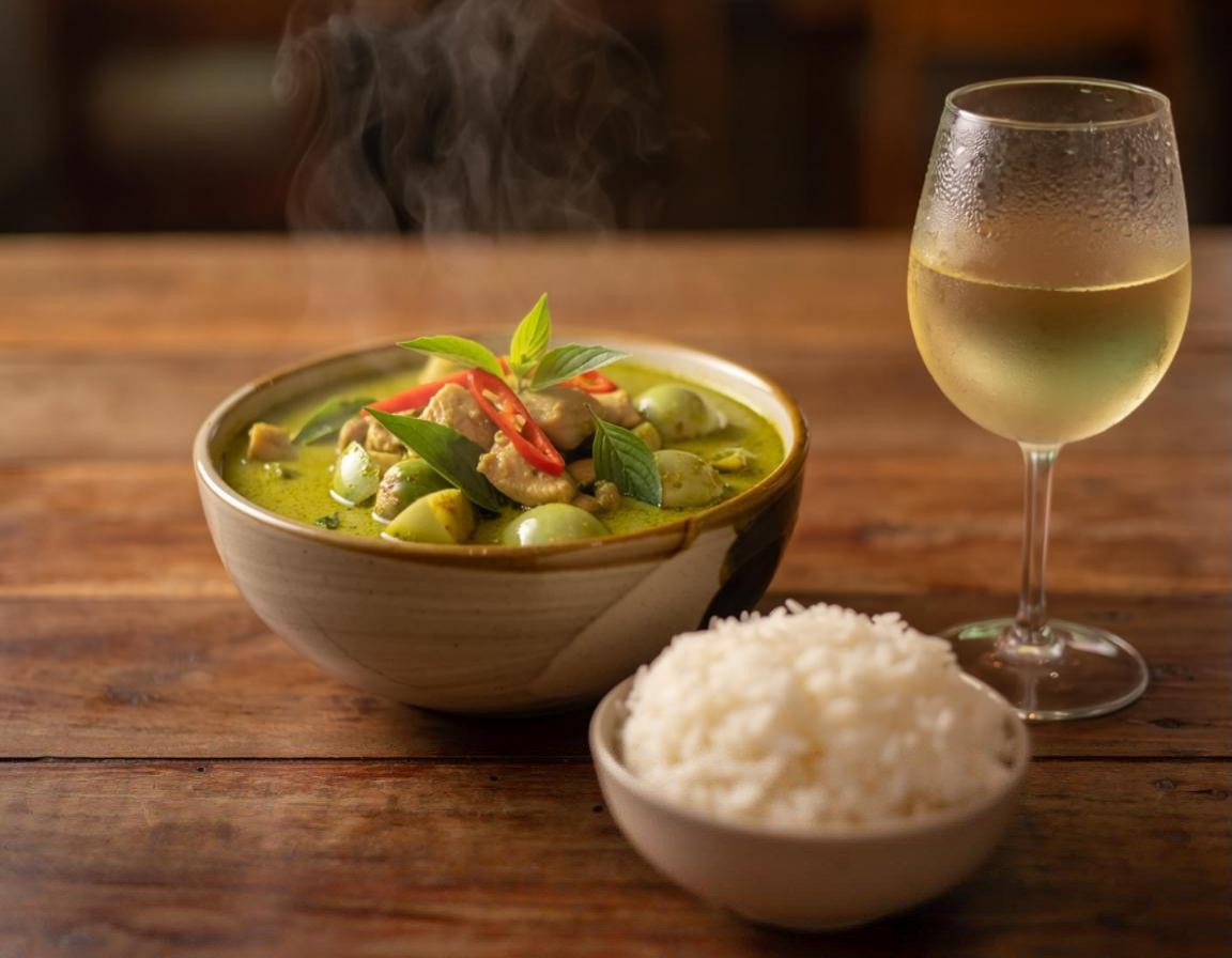 Thai green curry with a glass of white wine (illustration)